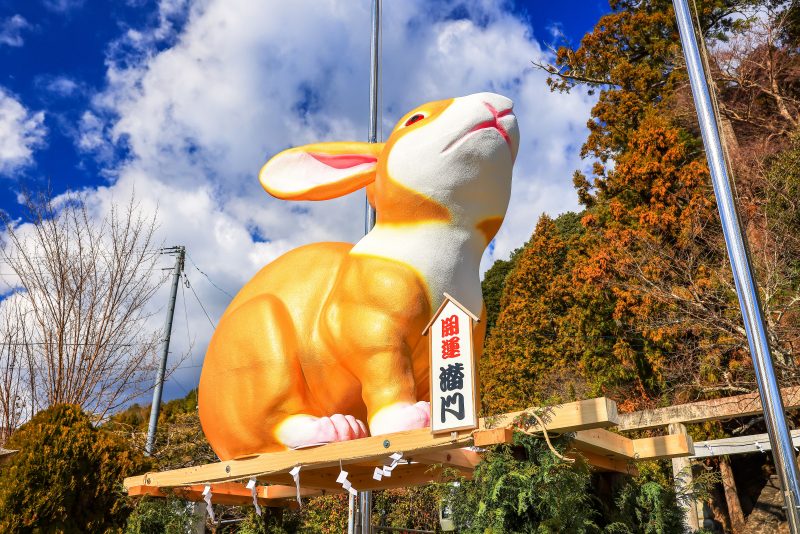 辰水神社のジャンボ干支の写真「うさぎジャンボ干支を見上げる」