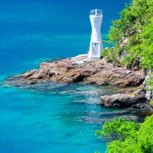 ニラハマ展望台の写真「青い海と白亜の灯台」